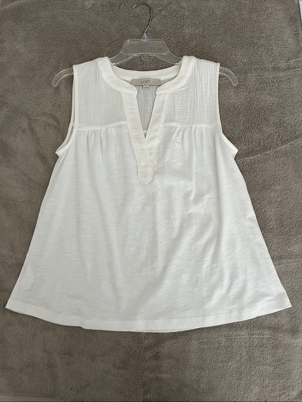 Loft White Cotton Mixed Media Sleeveless Split Neck Tank Top Blouse XS
